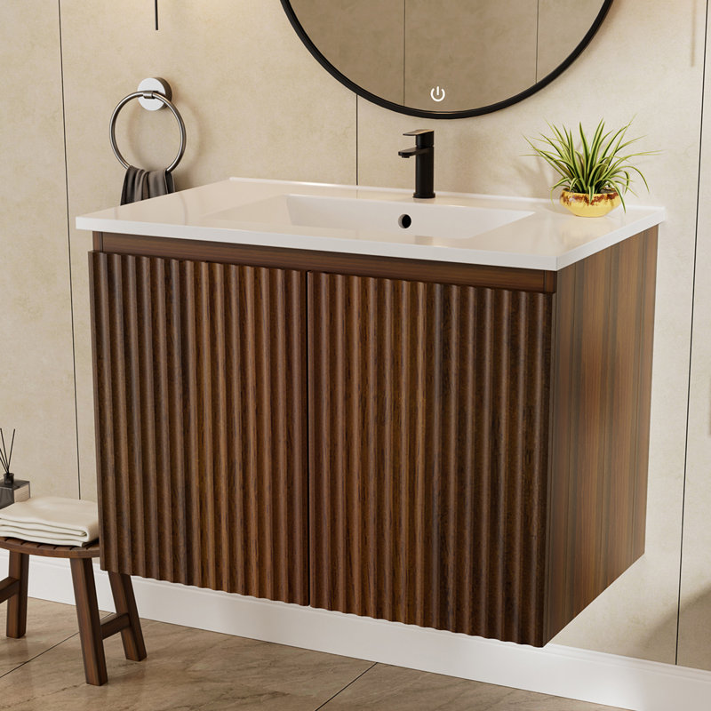 Armoire de salle de bain pliable 30 po avec lavabo, Noyer