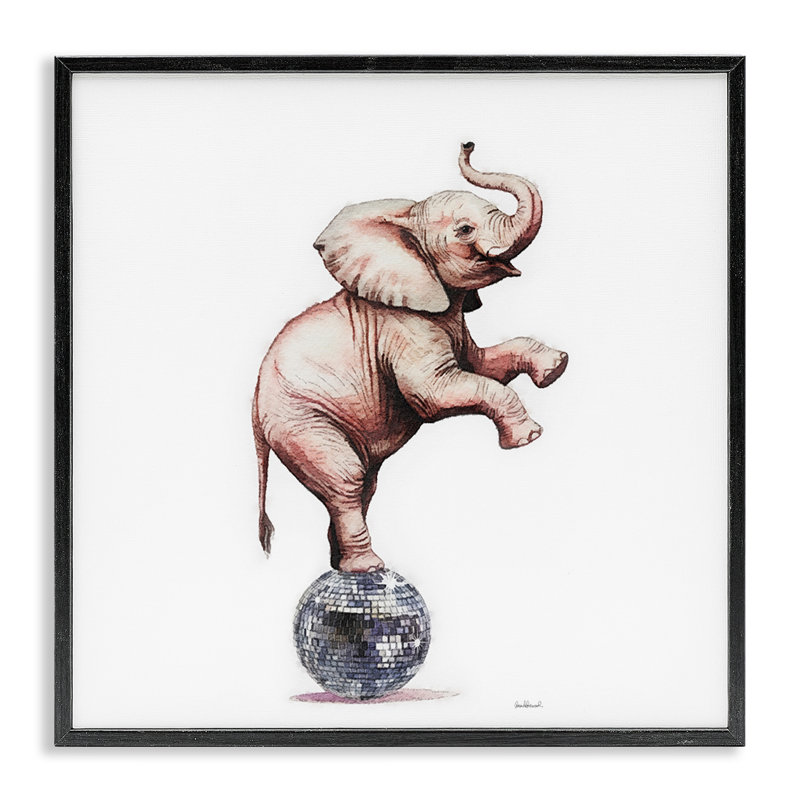 Éléphant sur boule disco, estampe numérique, design par Amanda Greenwood, H 17 po x l 17 po, Giclée encadrée noir minuit