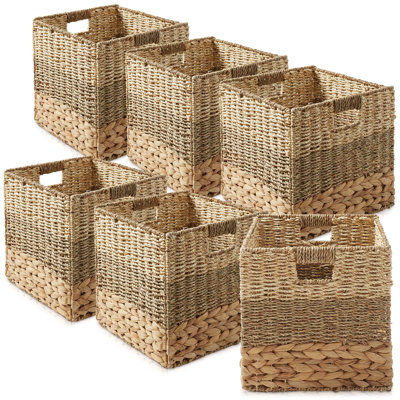 12" Mixed Weave Hyacinth Seagrass Storage Basket Cubes, Natural - Set of 6
