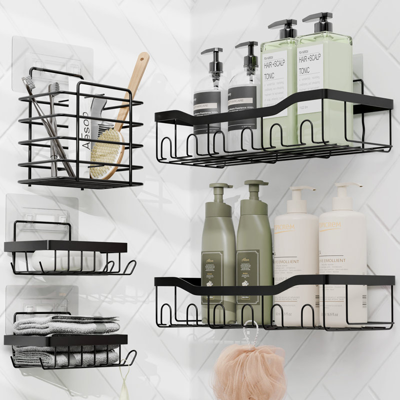 Complete 11 Piece Bathroom Accessory Set with Bamboo Accents, Trash Can, Toilet Brush & 5 Shower Caddies Included, White