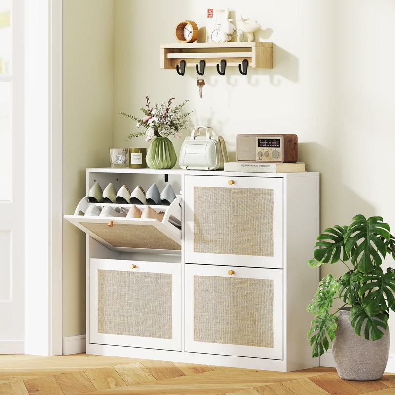 Armoire à chaussures étroite avec 4 tiroirs rabattables pour le couloir d'entrée - blanc