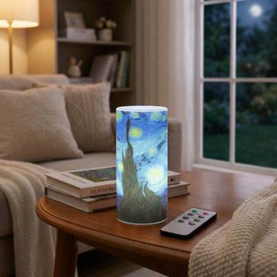 Bougies sans flamme Winston Porter - Paquet de 2 bougies à piles Van Gogh Starry Night avec télécommande et lumière vacillante pour la décoration intérieure