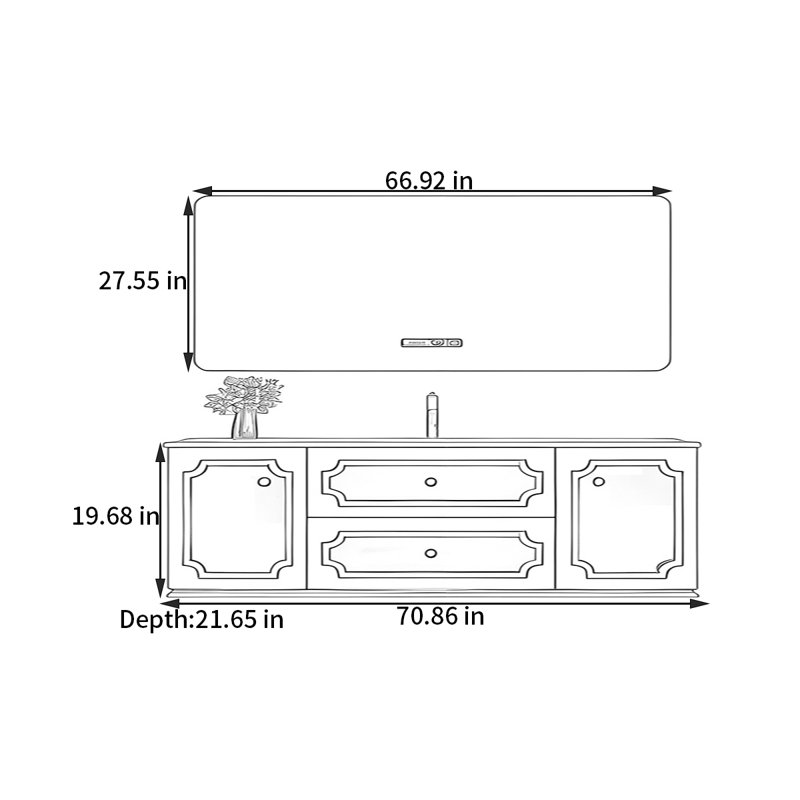 Armoire de salle de bain légère et luxueuse de style français, H 19,68 po x l 70,86 po x P 21,65 po, Noir