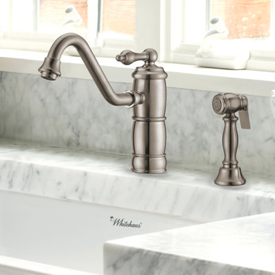 Whitehaus 9.5" solid brass deck mount single-hole kitchen faucet with lever handle and side spray