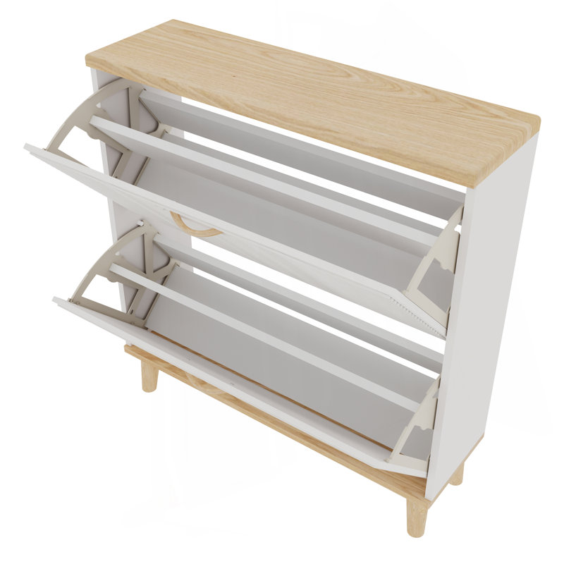 Shoes Storage Cabinet For Entryway,Narrow Shoe Rack Cabinet,Shoe Cabinet With 2 Flip Drawers,Freestanding Shoe Organizer With Natural Wood Legs,Slim Entryway Storage Organizer For 8-16 Pairs