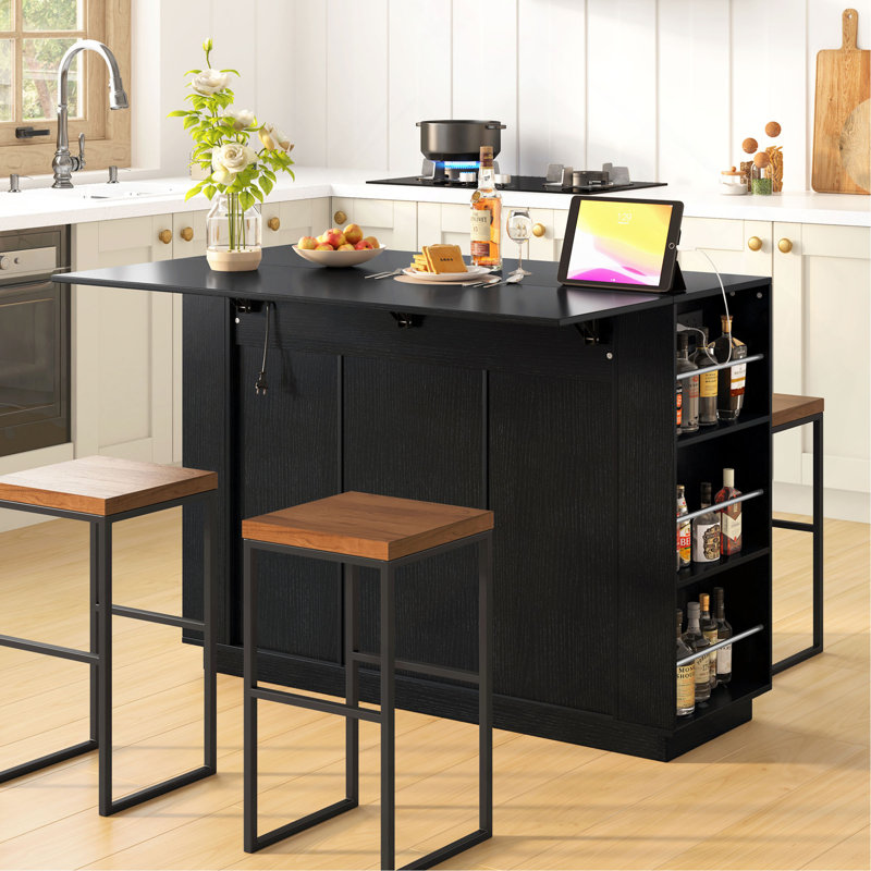 47.2" Counter Height Table with Foldable Top & Power Outlet, Sideboard Buffet Cabinet & Bar Cabinet, Wine Rack & Stemware Holder, 2-Door Storage Cabinet for Dining Room (Chairs Not Included)