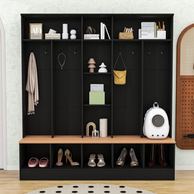 Multi-Functiona Hall Tree with Hooks, Shoe Storage Bench and Display Shelves