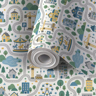 Peel and Stick Wallpaper Contact Paper Childrens map road seamless cartoon childrens for road play Self Adhesive and Removable 24in x 118in(60x300cm)