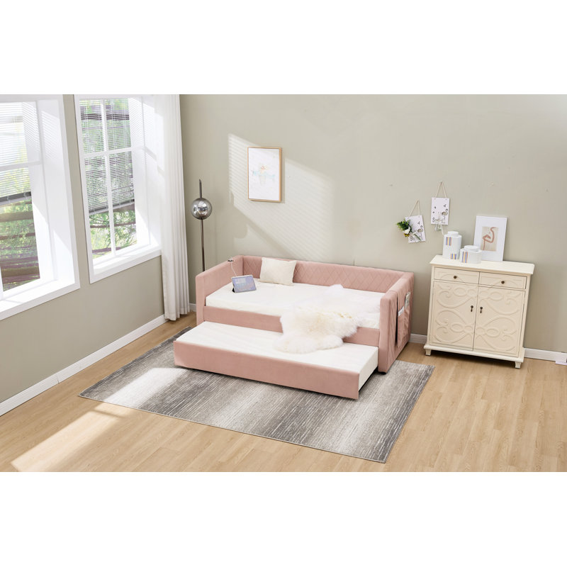 Velvet Daybed, Sturdy Wooden Bed Frame, Diamond Grid Pull-Out Design, For Bedroom, Living Room Furniture, Pink