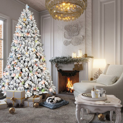 Arbre de Noël 47,5 po avec 150 lumières Ul multicolores, 21 branches de pin véritable, 366 branches enneigées, assemblage à charnière rapide et support en métal