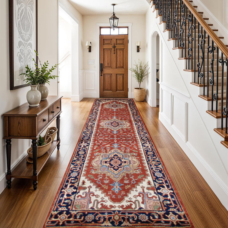 Serapi Hand Knotted Wool Oriental Area Rug, Runner 2'6" x 8', Red/Navy/Cream