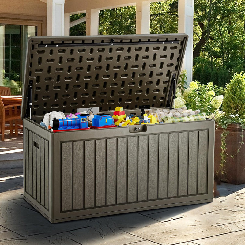 Boîte de rangement à double paroi 90 gallons avec séparateur et poignées latérales, grand rangement extérieur pour coussins de meubles de patio, accessoires de piscine de jardin, résistante à l'eau et verrouillable