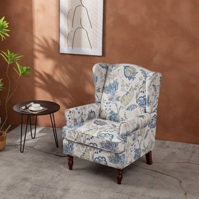 Modern Floral Wingback Accent Chair with Roman Style Solid Wood Legs and High-Density Sponge Cushion for Living Room and Bedroom