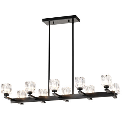 Suspension moderne pour salle à manger - 10 ampoules G9 en cristal noir avec structure métallique et hauteur réglable (10 ampoules G9 max. 40 W). Aspect luxueux, finition mate et linéaire. Idéal pour îlot de cuisine, bar ou table longue.