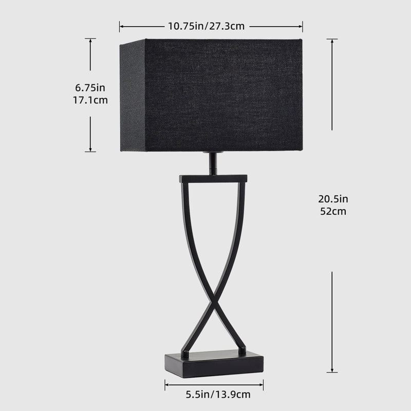 21'' Minimalist Table Lamp Set Of 2, Rectangular Linen Shades, Black, Black