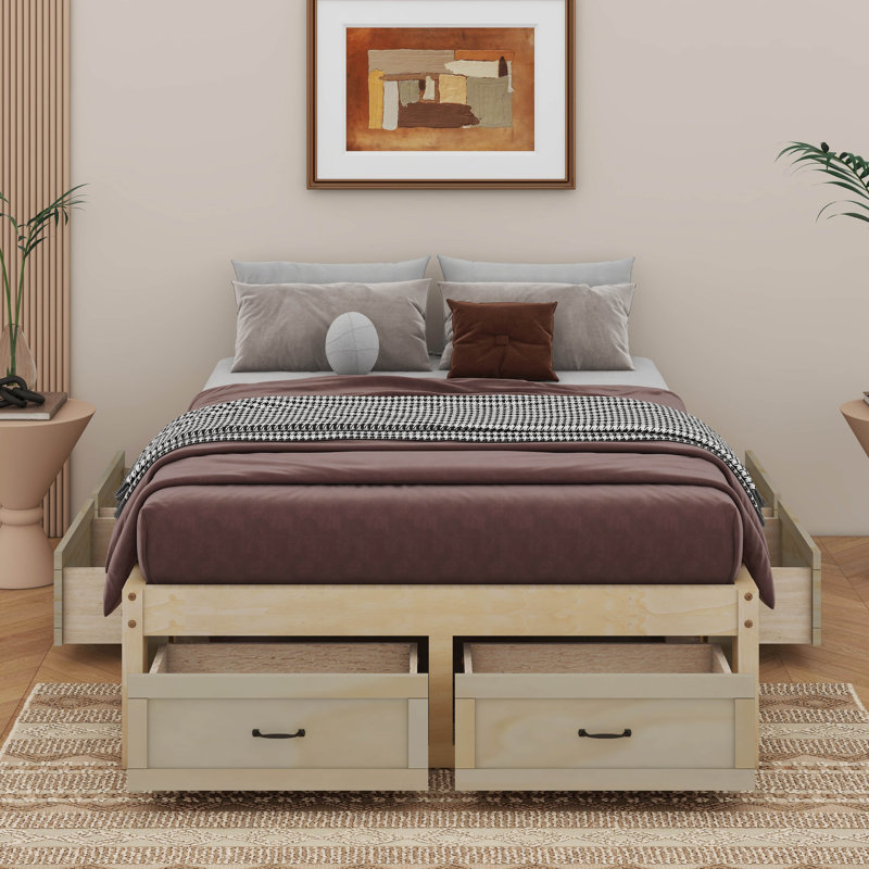 Lit plateforme avec 6 tiroirs, Naturel antique, Lit double