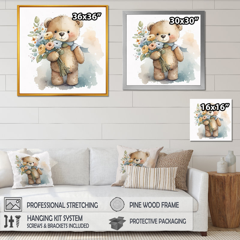 Ours en peluche «Love Hold Flowers II» - art mural ours, H 30 po x l 30 po, Cadre flottant noir