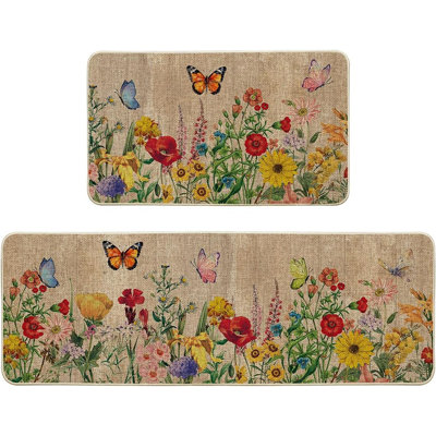 Kitchen Rugs - Multicolor, Wood Flowers & Butterfly, Spring Floor Mats, Set Of 2