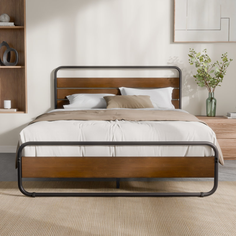 Sana Low Profile Metal Bed frame with Bamboo Headboard, Double (4'6), Brown