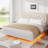 King Size Floating Bed Frame Upholstered Platform with Smart Led Lights & Diamond Headboard, Solid Wood Slats Support, No Box Spring Needed, White-1804586690-1804586748