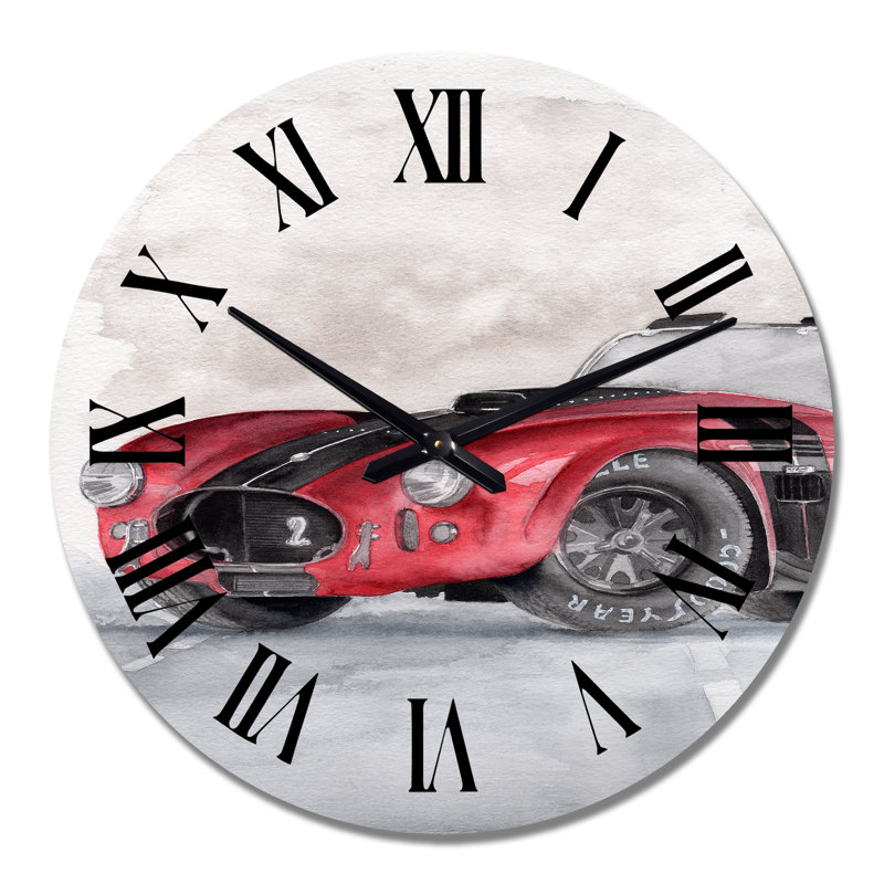 Belle vieille voiture rouge sur fond gris - horloge murale industrielle, Moyen
