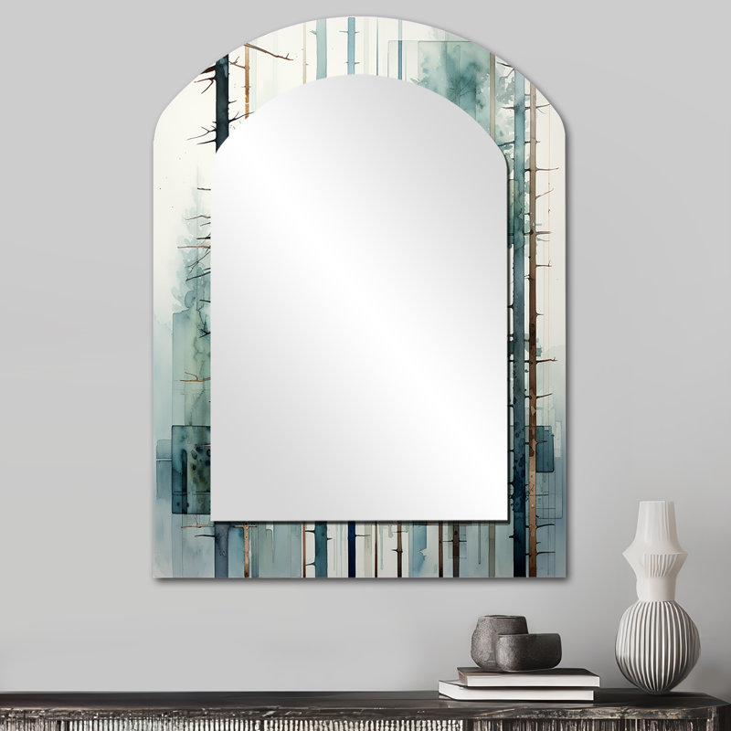 Redwood Tree Geometric Silence II - miroir mural décoratif asymétrique Redwood, miroir arqué traditionnel, impression sur métal