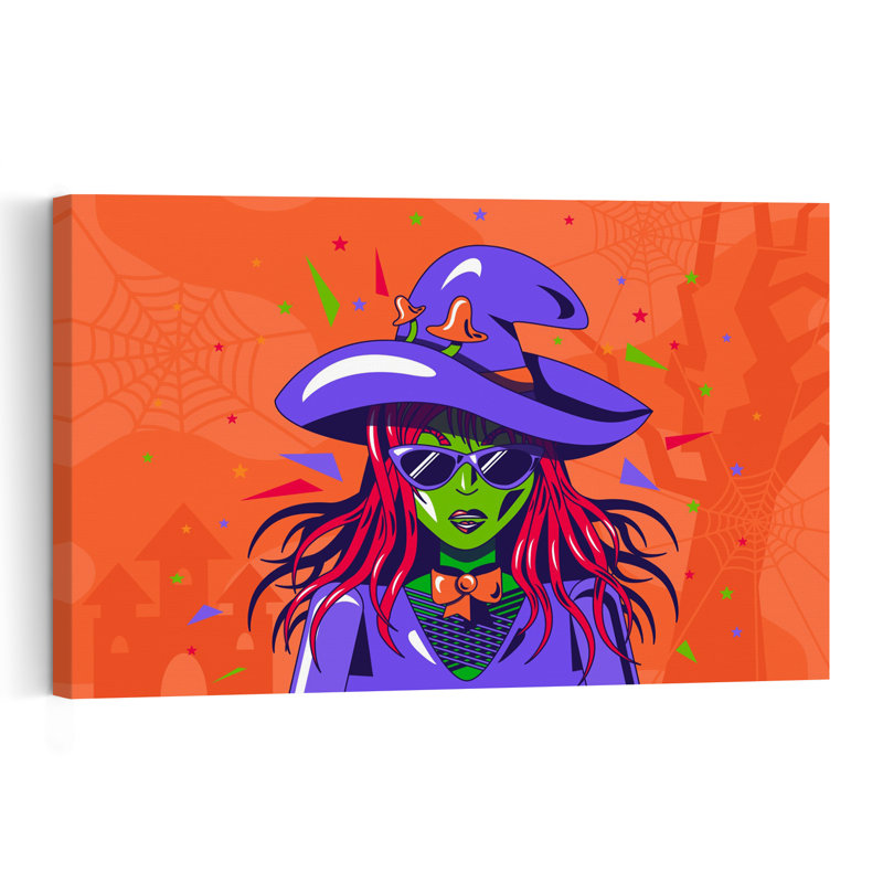 Affiche murale moderne d'une sorcière d'Halloween, araignée abstraite et vibrante, arbre d'automne, H 40 po x l 60 po