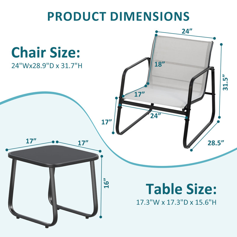3-Piece Outdoor Set, Outdoor Furniture Set with PVC-coated polyester Chairs & Glass-Top Table, Conversation Set of 3 for Porch, Lawn, Garden, Yard, Balcony, Poolside