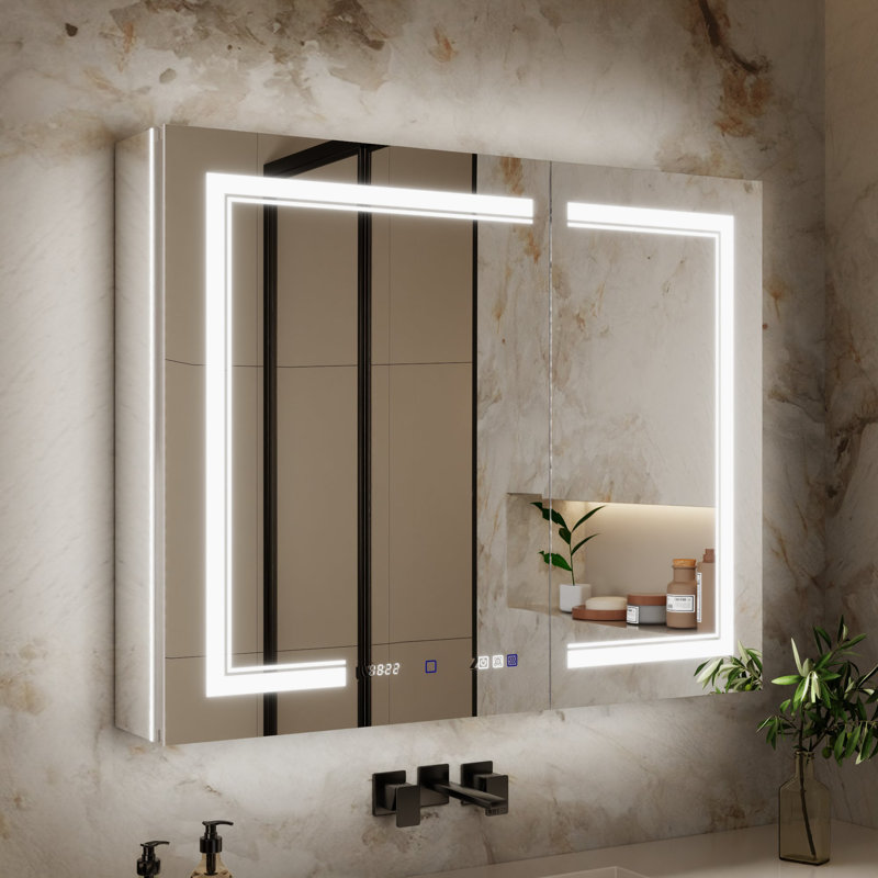 Pharmacie à DEL encastrée ou sans cadre avec miroir et USB, prise, miroir grossissant, désembueur, tablettes réglables