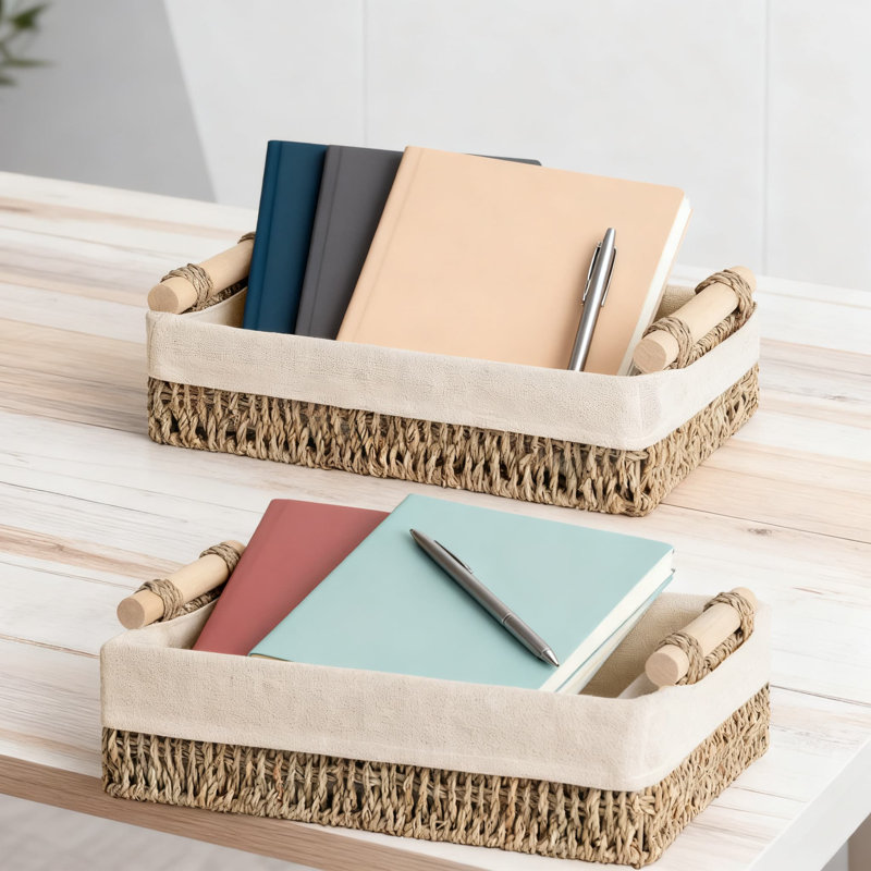 Woven Storage Baskets With Removable Natural Fiber Liner, Handwoven Organizing Baskets For Bathroom Countertop, Toilet Tank, Living Room, Desk, And Tabletop, Set Of 2