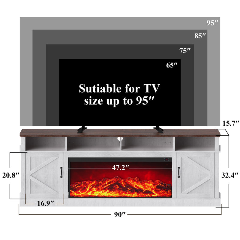 Meuble télé avec foyer électrique 90 po, armoires à deux portes avec minuterie et température réglable, Blanc