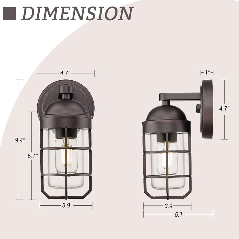 Vintage Farmhouse Outdoor Wall Sconces, 2 Pack Weatherproof Exterior Light Fixtures With Nautical Metal Cage And Clear Tempered Glass, Oil Rubbed Bronze Finish