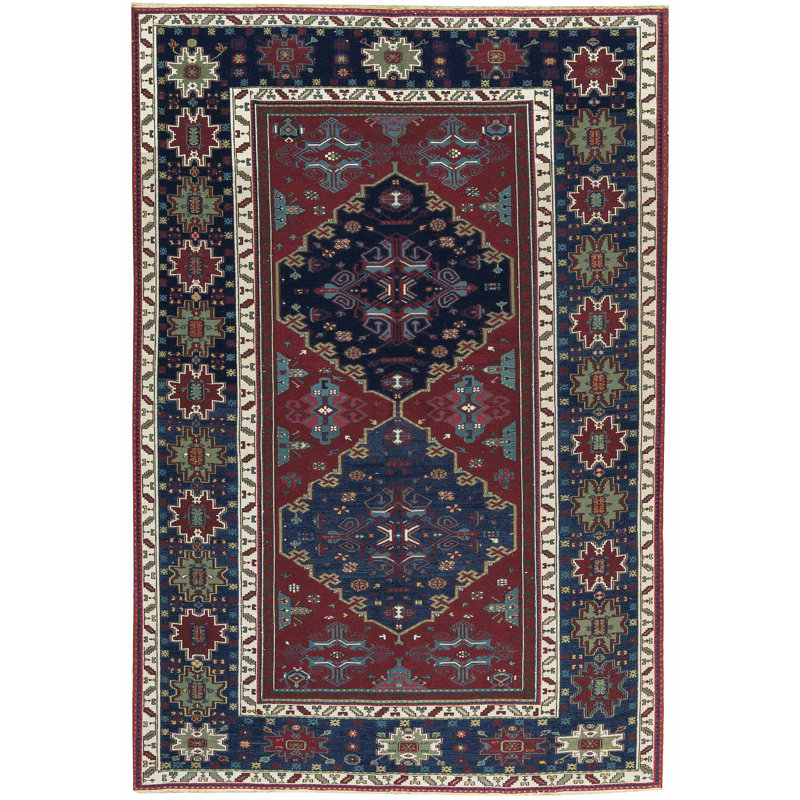 Tapis bleu marine et rouille de haute qualité noué à la main