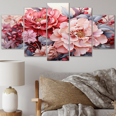  «Pink Red Line Art Floral Patterns II - Modern Wall Art Living Room - 5 Panels