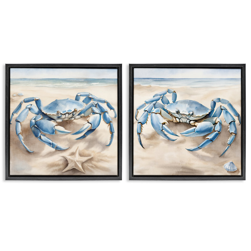 «Nautical Blue Crabs Beach», ensemble de 2 toiles flottantes encadrées par Kim Allen, Cadre flottant noir de jais