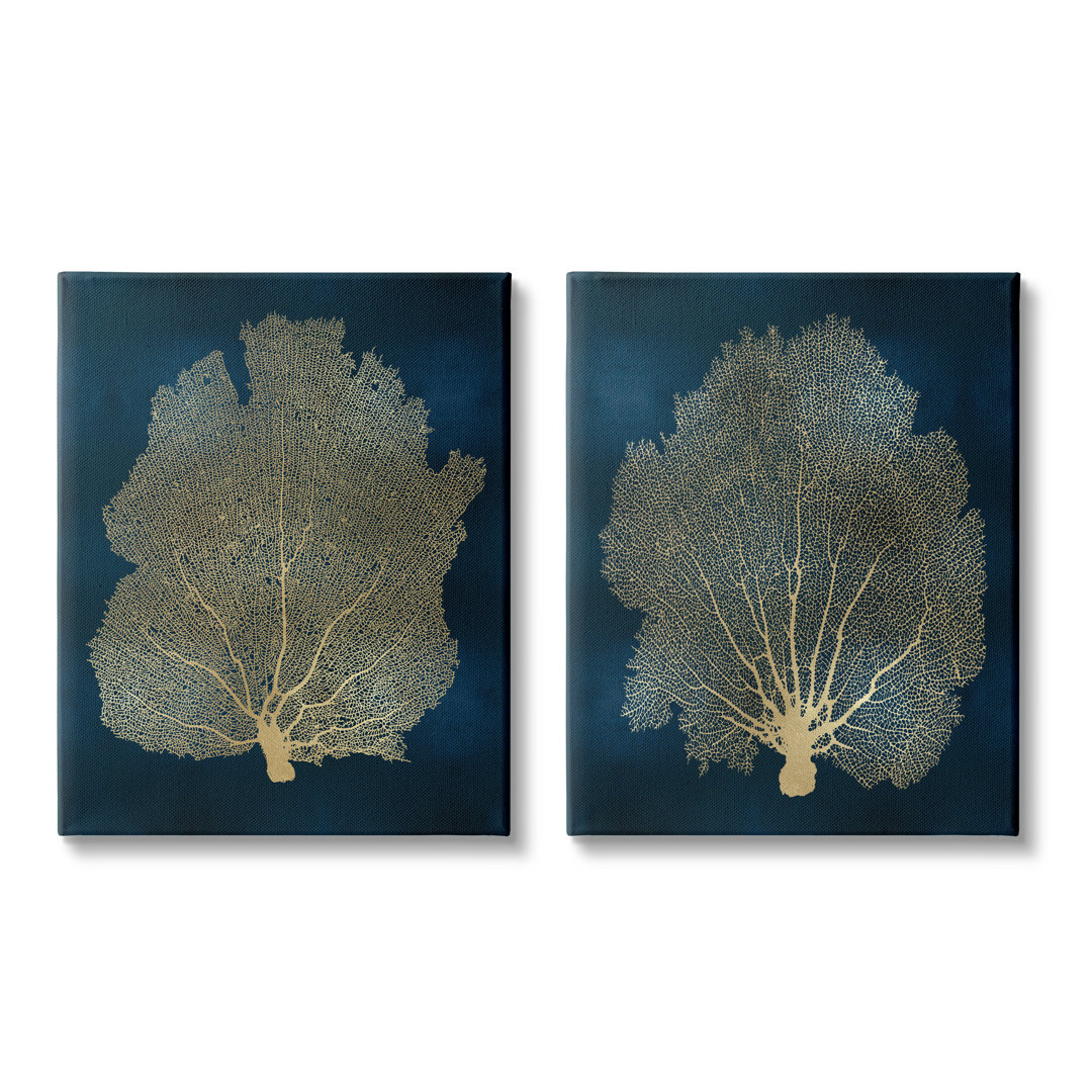 " Modern Sea Fan Composition Blue Gold Ocean Plant " by Melonie Miller 2 - Pieces Stupell Industries 