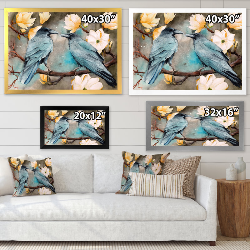 Deux corbeaux sur les branches de magnolia avec fleurs - reproduction sur toile, H 24 po x l 32 po x P 1 po, Cadre noir