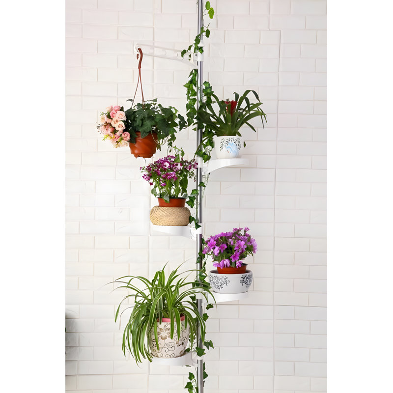Adjustable 5-Tier Tension Rod Plant Stand With Rotating Trays And Hanger, Rust-Proof Stainless Steel And ABS/PP Plastic Multi-Use Flower Display Rack