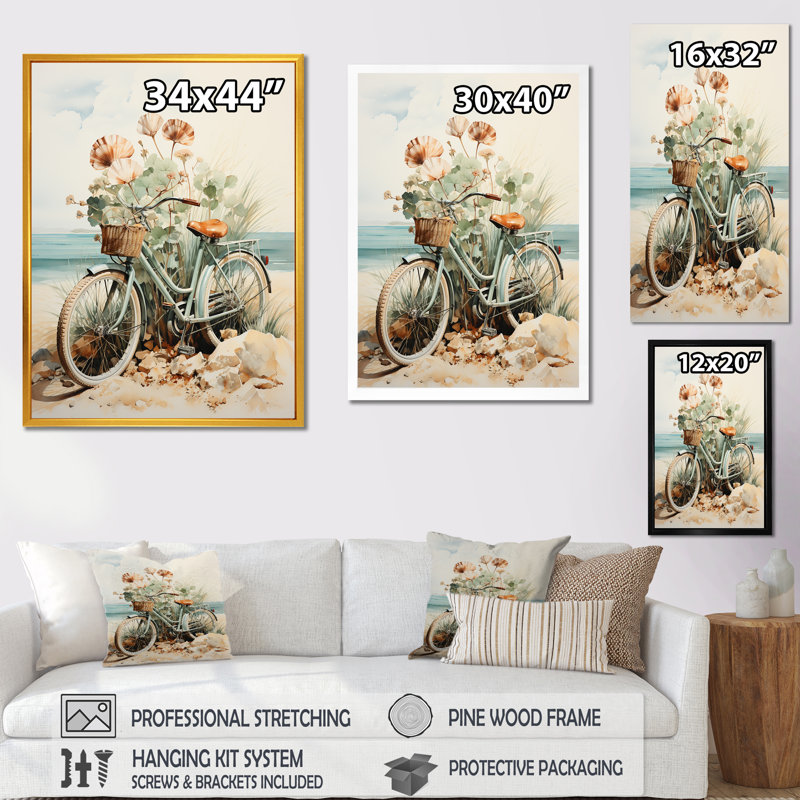 Vélo rétro bleu avec panier sur la plage I, reproduction d'art sur toile, H 40 po x l 30 po x P 1,5 po, Cadre photo blanc