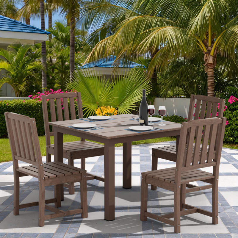 Outdoor Patio Dining Set, Including A Square Table And 4 Armless Chairs, Brown