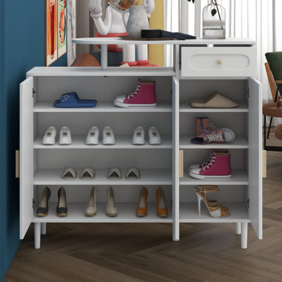 Red Barrel Studio® Shoe Cabinet With Adjustable Shelves, Solid Wood Legs, Arched Doors And Drawer, Storage Sideboard For Entryway, Living Room