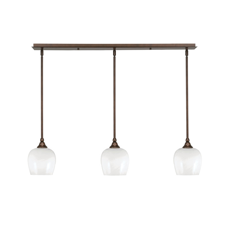 3 Light Stem Hung Linear Pendalier, Bronze Finish, 6" Clear Bubble Glass, Bronze, 8" H x 38" W x 6" D, White