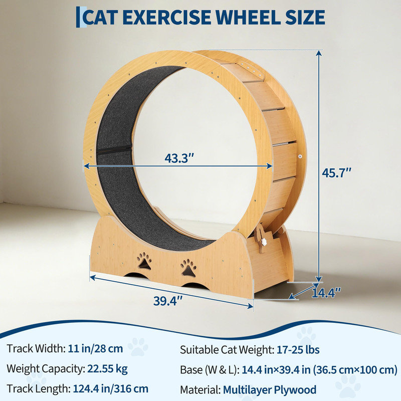 Roue d'exercice pour chat 43,3 po en bois, tapis de course silencieux avec tapis pour grands chats d'intérieur, Yellow