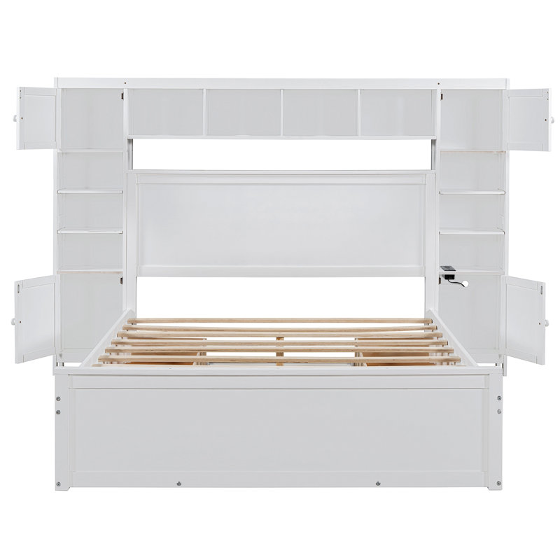 Lit en bois avec armoire, tablette et prises tout-en-un
