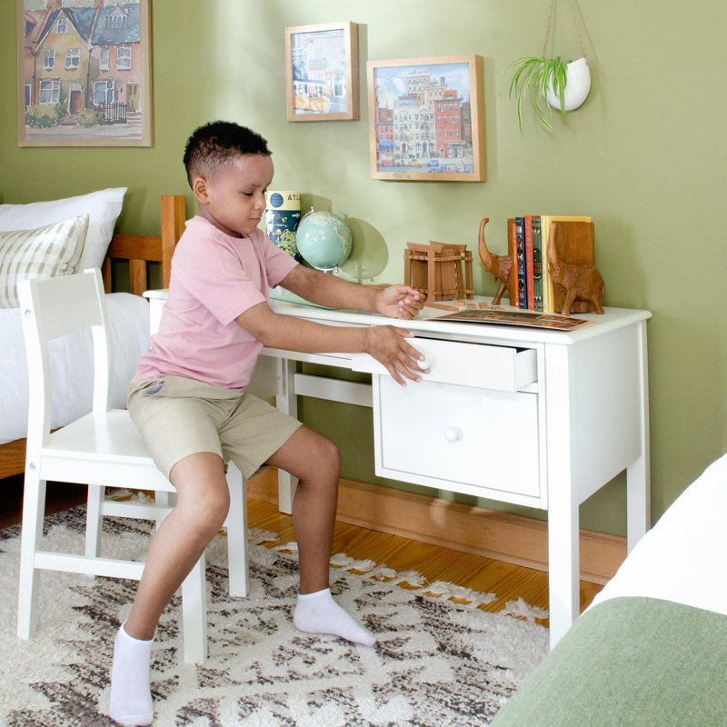 White Wooden Kids' Writing Desk with Chair and Storage Drawers