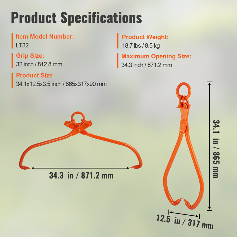 Iron Fireplace Tongs, 34.1" H x 12.5" W x 3.5" D