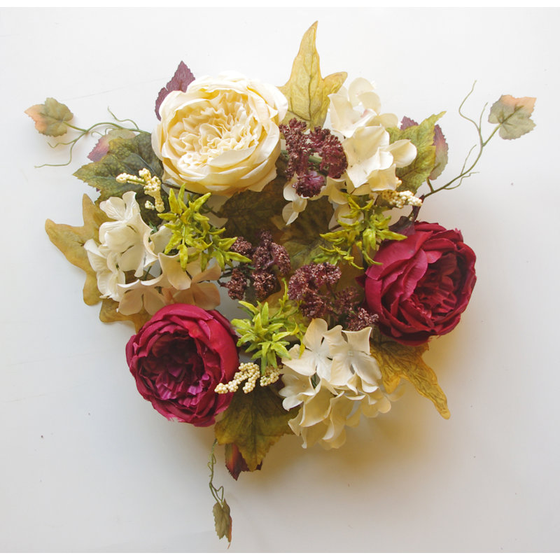 Couronne de polyester en forme de bougie rose et hortensia, Bourgogne / Crème