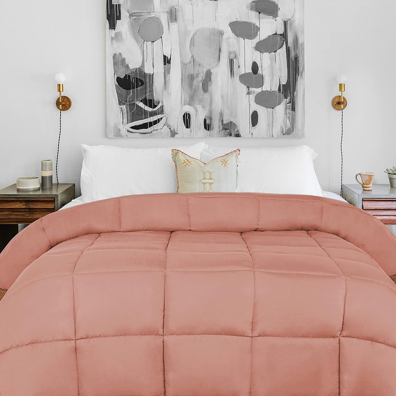 Brushed Microfiber Comforter – Blush – Full, Medium Weight, Reversible, Down Alternative, Box Quilt Design