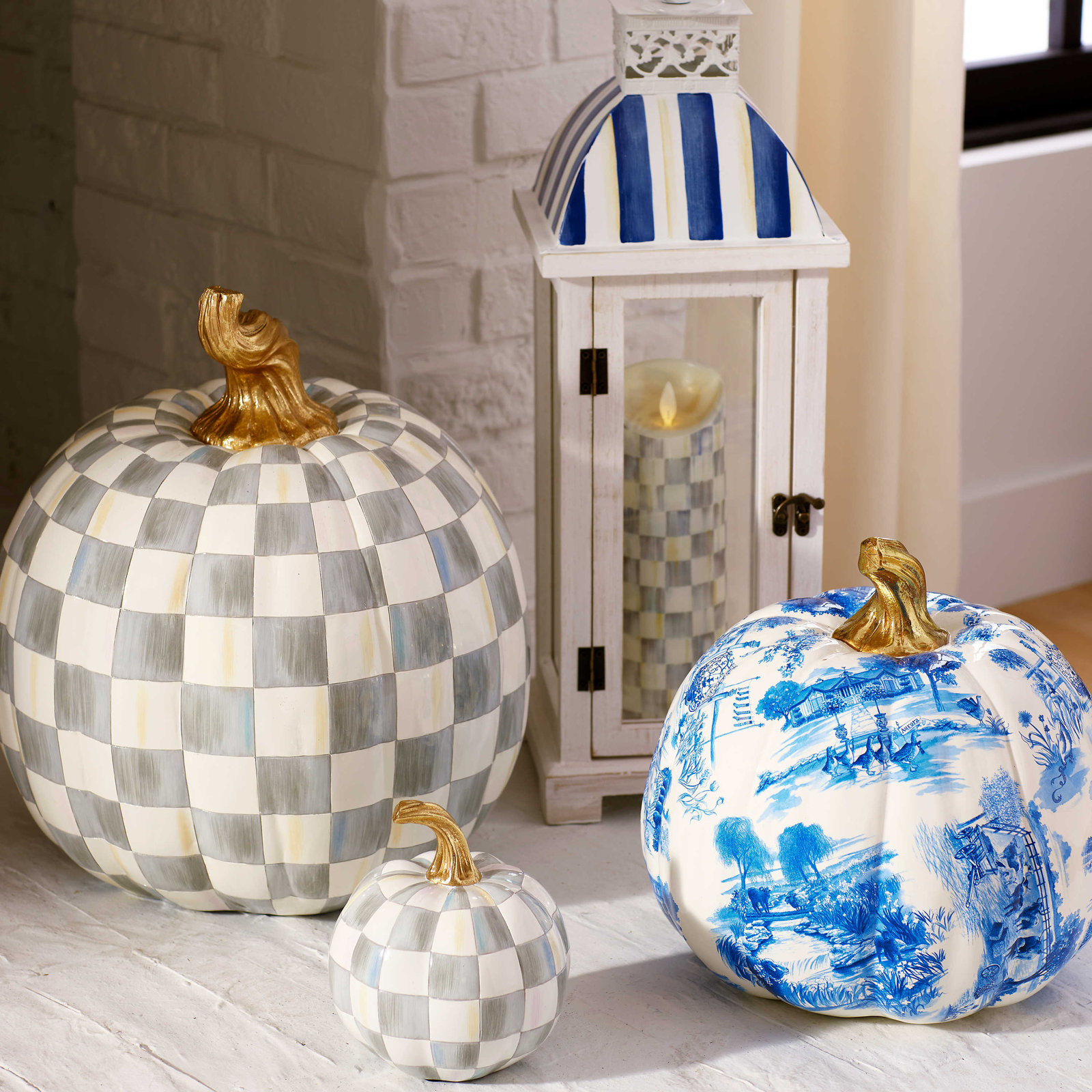 Check Pumpkin Holiday Accent, 15" H x 10" W x 10" D, Sterling/White/Gold