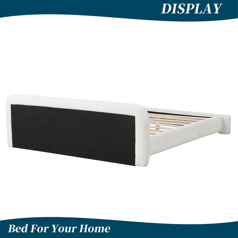 Lit plateforme tapissier White Boucle avec 10 lattes et support central, Très grand lit